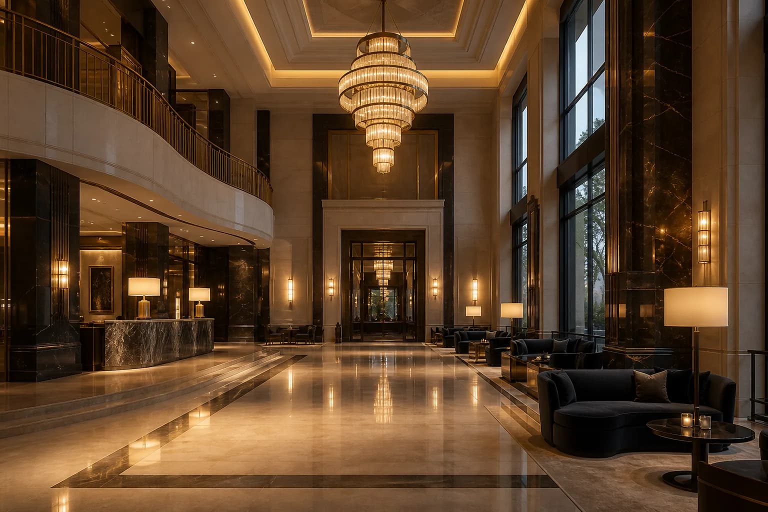Grand Velvet lobby with travertine and champagne bronze