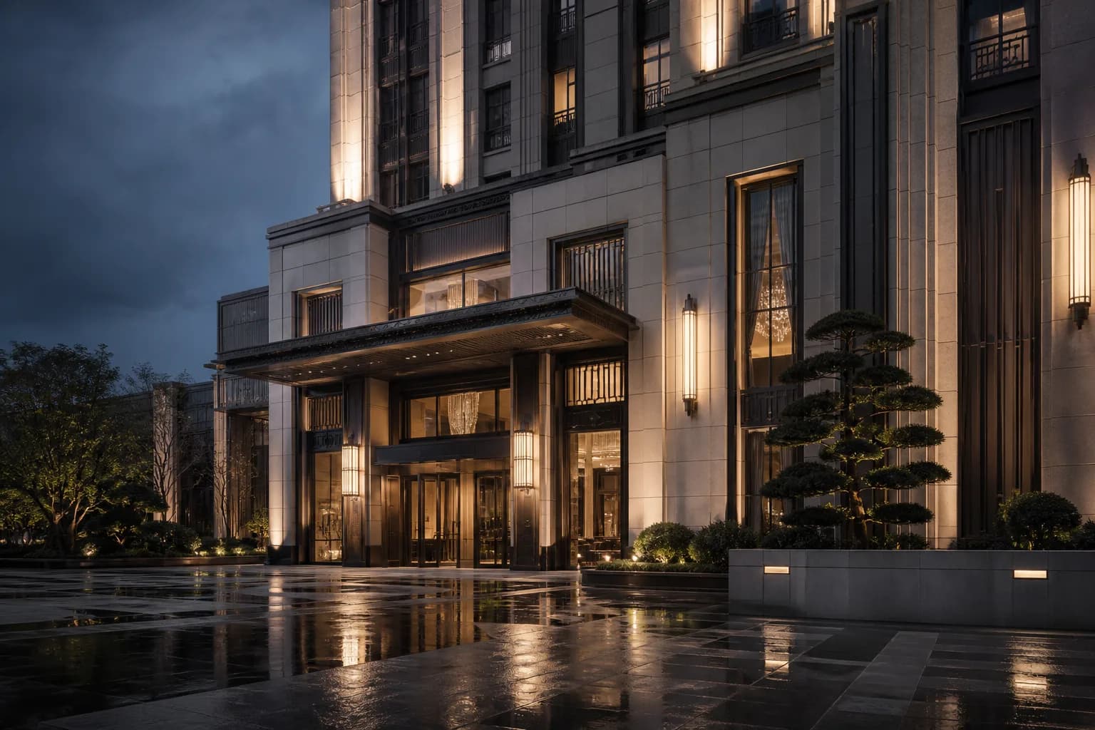 Grand Velvet cinematic hotel exterior at dusk