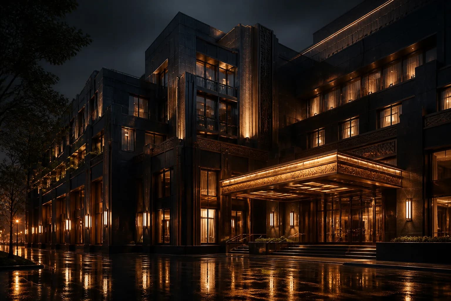 Grand Velvet illuminated night facade